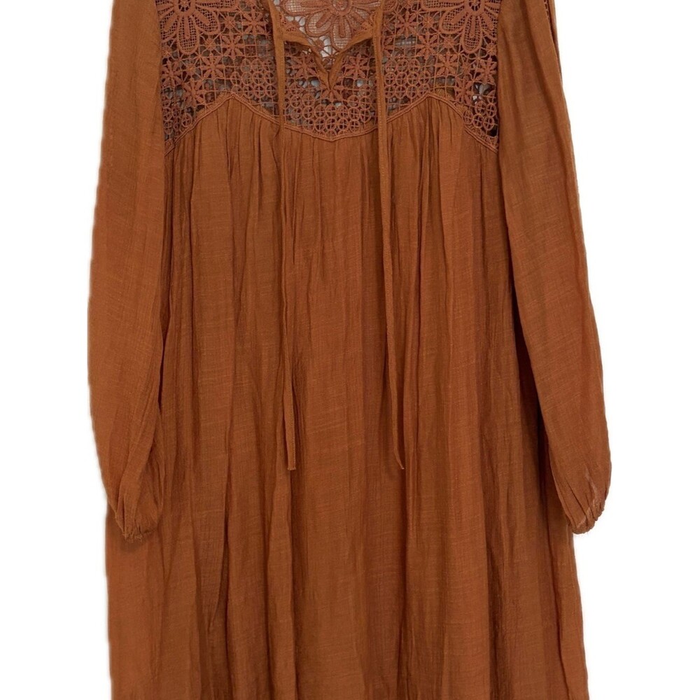 Kings Road Rust Boho Lace Yoke Long Sleeve Peasant Dress Tunic - Size L - Picture 3 of 8